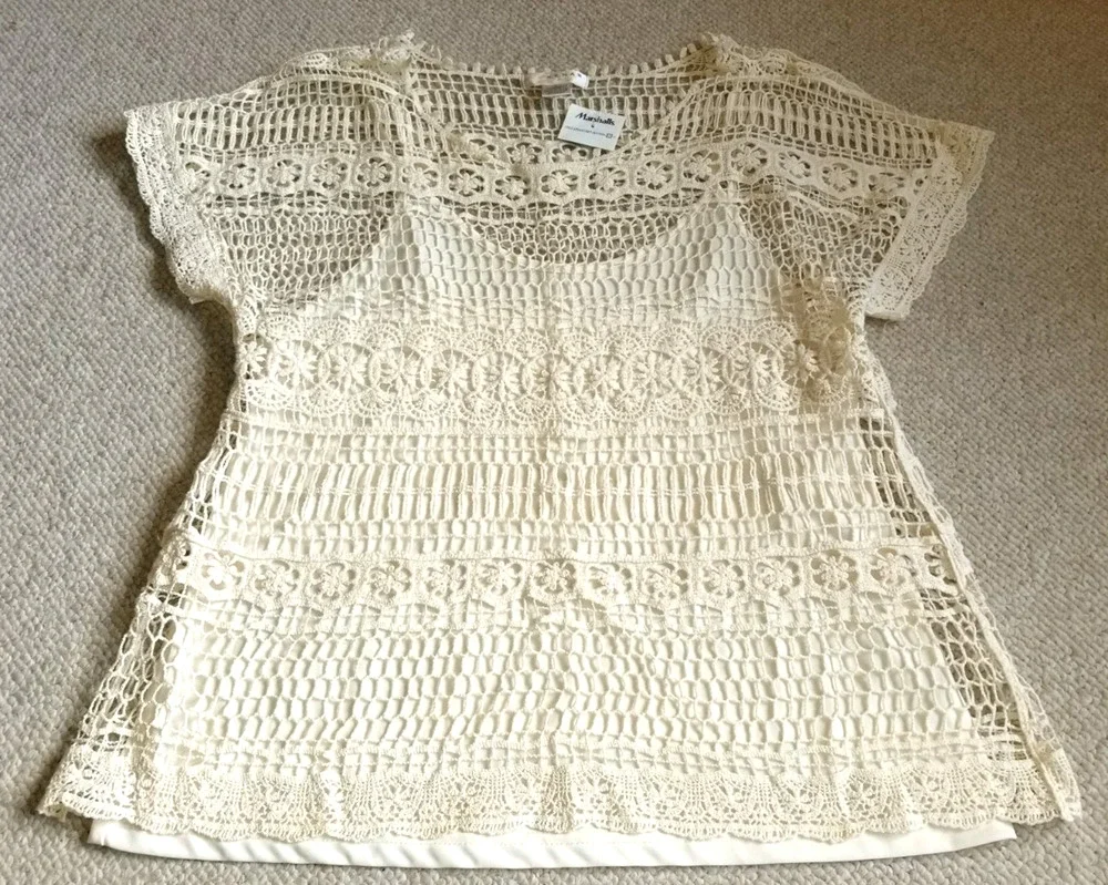 NWT Womens Top-KENAR-ivory open crochet overlay sheer Romantic Fairy Angelcore-L